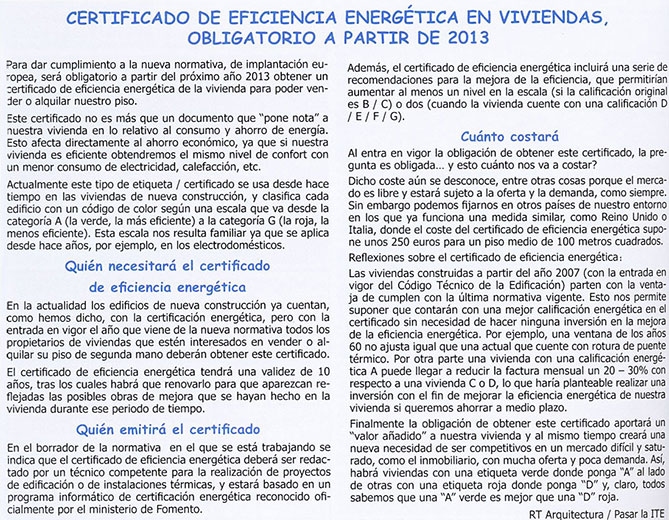 Certificado de eficiencia energética obligatorio a partir de 2013.