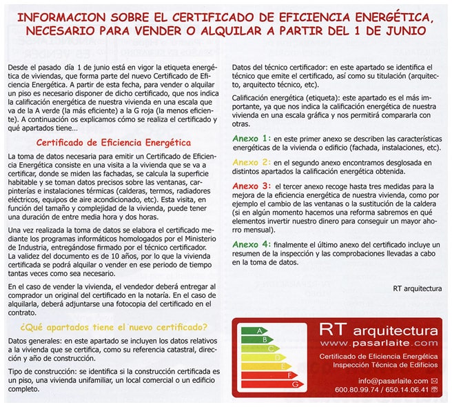 Certificado energético obligatorio desde el 1 de junio.